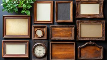 Collection of vintage picture frames arranged on a black surface with a green plant nearby photo