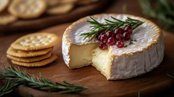 Gourmet cheese and crackers with herbs and berries on wooden board in cozy setting photo