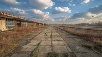 Abandoned industrial site with overgrown terrain under a cloudy sky during late afternoon photo
