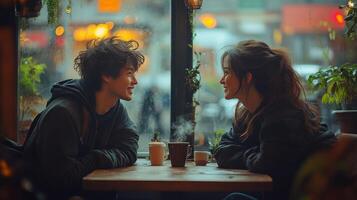 Young couple enjoying warm drinks together at a cozy cafe on a rainy evening photo