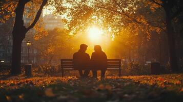 Couple enjoys sunset view in park surrounded by autumn foliage in evening light photo