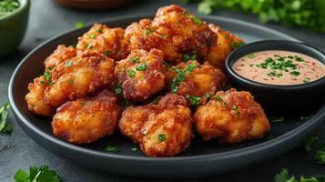 Crispy fried chicken pieces served with fresh vegetables and dipping sauce on a white plate photo