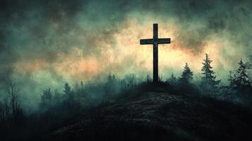 Celtic cross standing on a hill under dark stormy sky at dusk with dramatic clouds and moody atmosphere photo