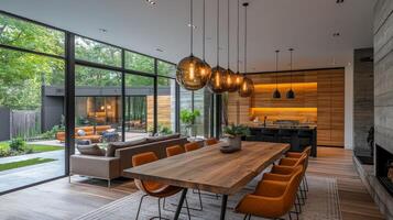Modern dining area with large windows overlooking garden in contemporary home setting photo