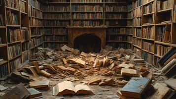Abandoned library filled with scattered books and debris during daylight photo