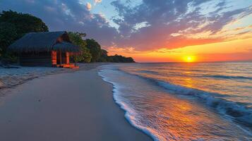 Sunset illuminates beachside hut near calm waves in a serene coastal setting photo