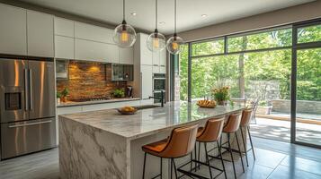 Modern kitchen design with natural light and elegant stone island in serene garden view photo