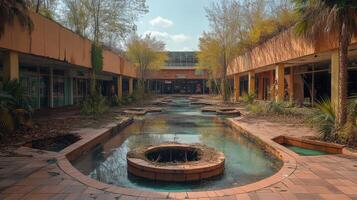Abandoned shopping mall overgrown with plants in a reflective and quiet atmosphere photo