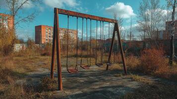 Abandoned playground swings in overgrown courtyard of derelict brick building complex photo