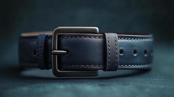 Classic handmade leather belt with detailed stitching and silver buckle on a dark background photo