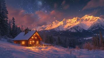 Cozy cabin illuminated at night against a snowy mountain backdrop in winter wonderland photo