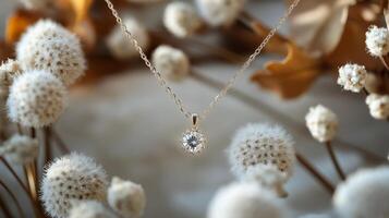 Elegant silver necklace with a sparkling pendant surrounded by white flowers photo
