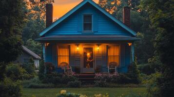 Sunset view from a cozy porch adorned with flowers in a rural landscape photo