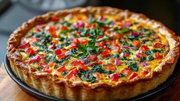 Savory vegetable tart with golden crust and colorful toppings in a cozy kitchen setting photo
