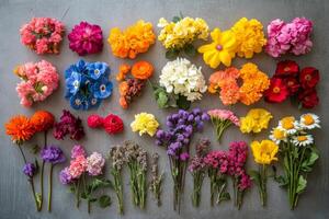 Colorful arrangement of assorted flowers on display against a light background photo