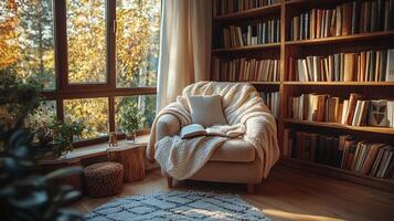 Cozy reading nook with large window overlooking a serene garden during daylight hours photo