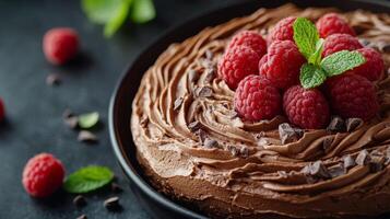Delicious chocolate mousse dessert topped with fresh raspberries and mint leaves on a black plate photo