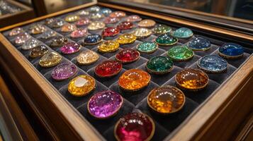 Colorful collection of decorative glass orbs displayed in a wooden box with velvet lining photo