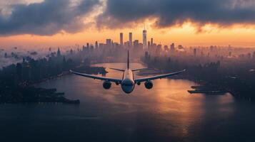 Stunning sunset view of an airplane at a New York airport with city skyline in the background photo