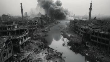 Desolate urban landscape with smog and ruined buildings in an abandoned area during cloudy weather photo