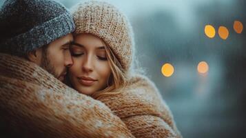 Cozy couple enjoys warm drinks together during snowfall in a serene outdoor setting photo