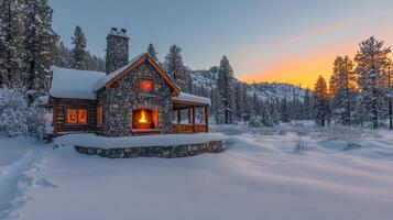 Cozy log cabin in snowy landscape during sunset surrounded by pine trees photo