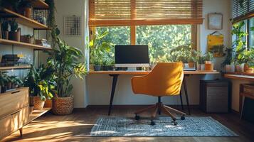 Creative workspace filled with plants and books in a home office during evening hours photo