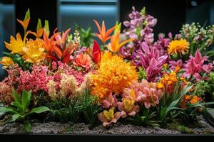Vibrant display of assorted flowers in a modern setting showcasing colors and textures photo
