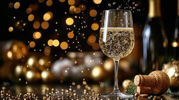 Champagne bottle cork pops with sparkling droplets against blurred golden background photo
