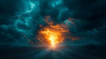 Dramatic storm clouds illuminate the horizon during sunset with flashes of lightning in the sky photo