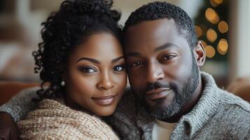 Cozy couple enjoys a moment of relaxation together on a comfortable couch in their warm living room photo