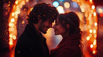 Romantic couple sharing a tender moment in a festive setting during a winter evening photo