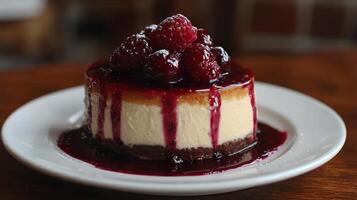 Decadent berry cheesecake served on a plate garnished with fresh strawberries and rosemary photo