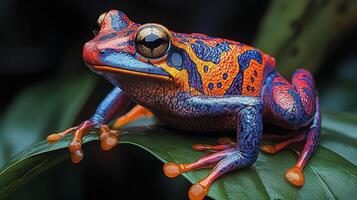 Colorful tropical frog perched on a green leaf in a rainforest habitat photo