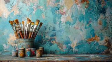 Vibrant paintbrushes in blue jars on a rustic art studio table filled with color photo