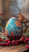 Beautifully decorated easter egg featuring intricate floral designs on wooden surface photo