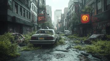 Decayed urban landscape with abandoned cars overgrown by vegetation in a deserted city photo