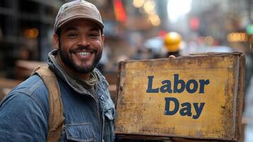 Celebrating Labor Day with a joyful worker in an urban construction site photo