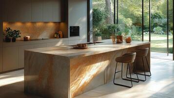 Modern kitchen design with natural light and elegant stone island in serene garden view photo