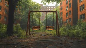 Abandoned playground swings in overgrown courtyard of derelict brick building complex photo