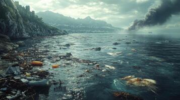Underwater environment filled with debris and waste near the ocean floor revealing pollution impact photo