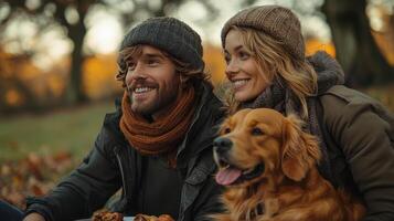 Couple enjoys sunset view while relaxing on blanket with dog in peaceful park setting photo