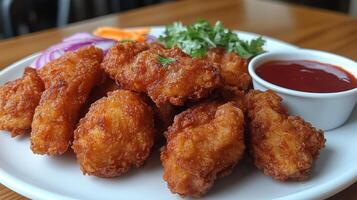 Crispy fried chicken pieces served with fresh vegetables and dipping sauce on a white plate photo