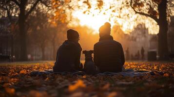 Couple enjoying a sunset with their dog in a park during the evening photo