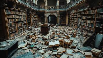Abandoned library filled with scattered books and debris during daylight photo