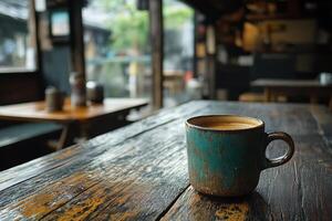 Warm latte served in a textured cup on a rustic wooden table in a cozy caf atmosphere photo