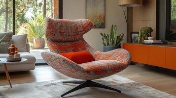 Modern swivel chair in a stylish living room with warm lighting and art on the wall photo