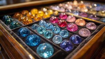 Colorful collection of decorative glass orbs displayed in a wooden box with velvet lining photo