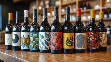 Artistic wine bottles displayed on a wooden shelf in a vibrant winery setting photo