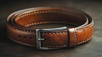 Classic handmade leather belt with detailed stitching and silver buckle on a dark background photo